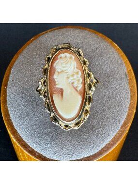 VTG Gold Plated Sterling Silver Cameo Ring Pierced Filigree Design Ring Size 6.5